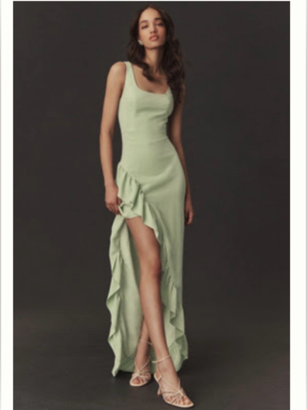 DRESS THE POPULATION CHARLENE SQUARE-NECK RUFFLE SIDE-SLIT GOWN
